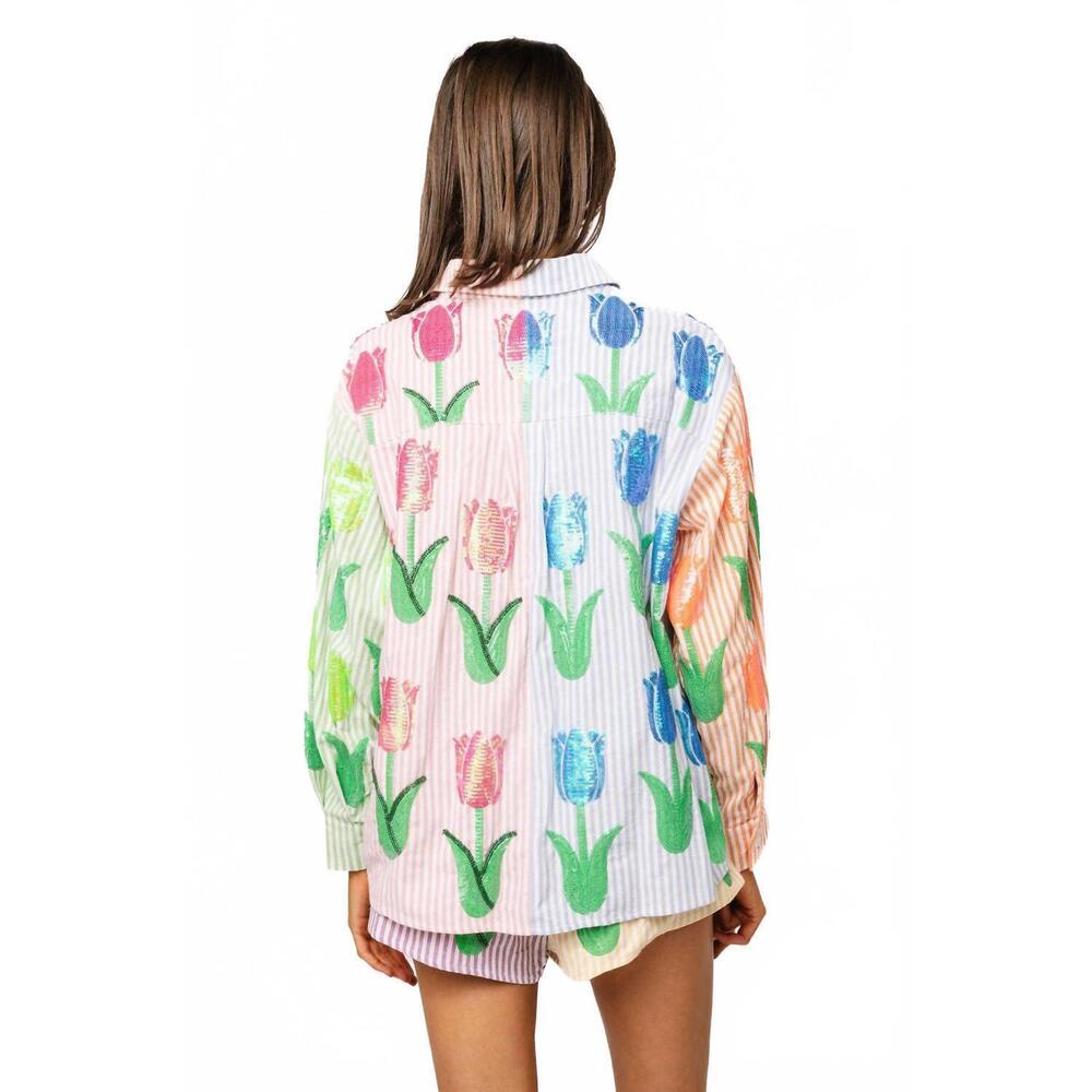 NEW QUEEN OF SPARKLES striped sequin tulip button up long sleeve top - Picture 3 of 5